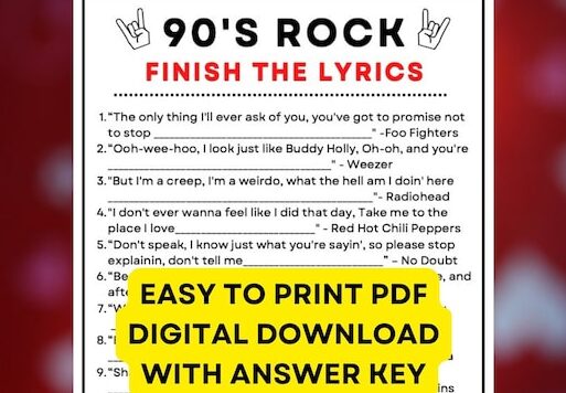 Juego de Música Rock de los 90 Termina las Letras PDF Digital Instantáneo ...
