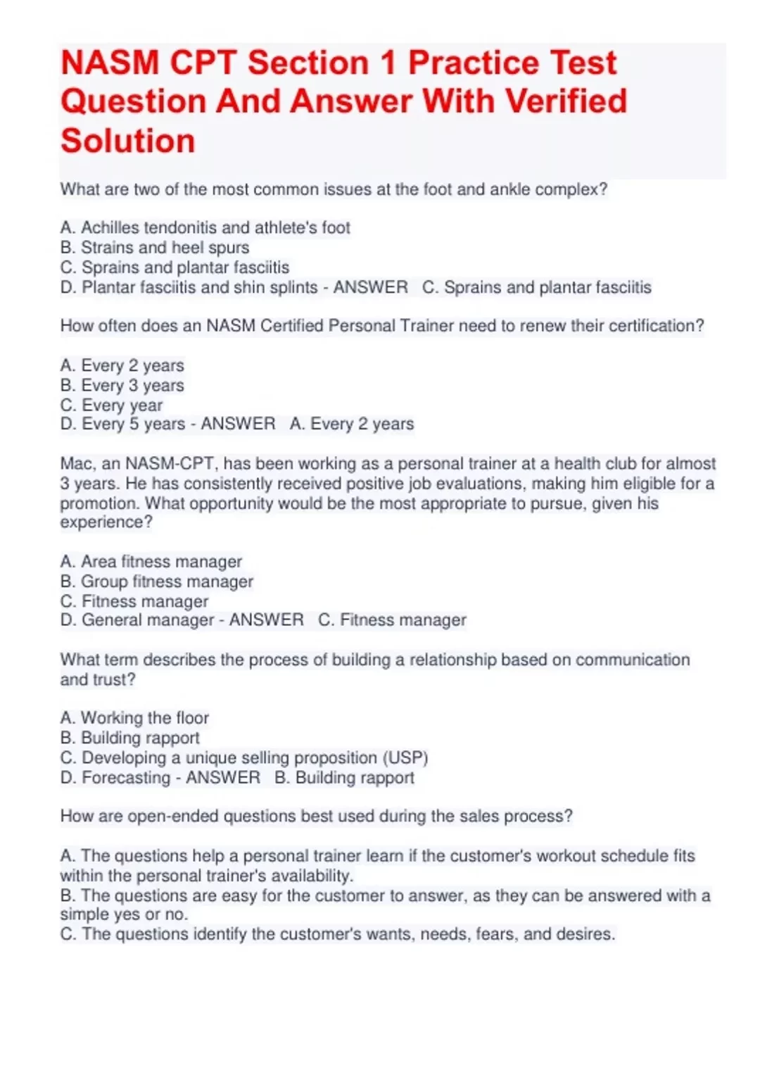 NASM CPT Sección 1 Prueba de práctica Pregunta y respuesta con verificado...