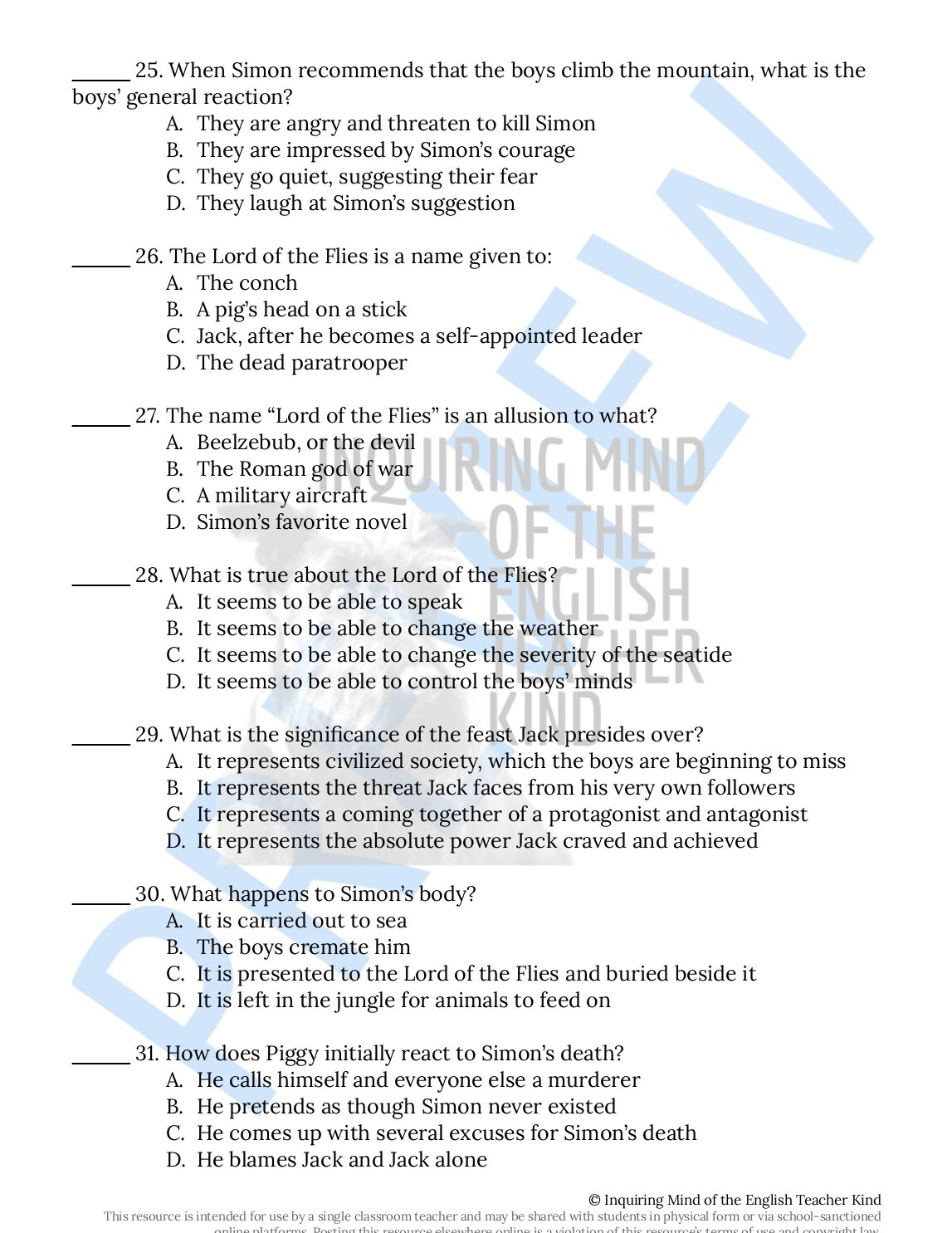 Prueba y clave de respuestas del Señor de las Moscas - Classful