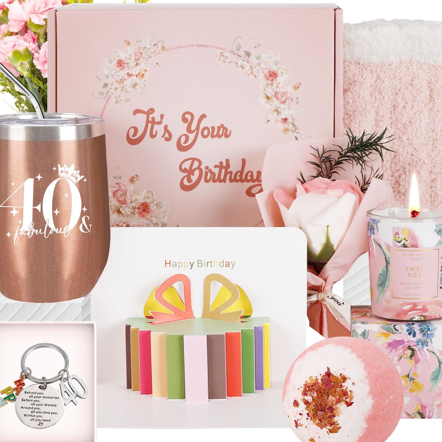 Resogenix Regalos de 40 cumpleaños para mujer, caja de regalo con cesta de mimos de feliz 40 cumpleaños para ella, regalos de cumpleaños personalizados de 40 años para hermana mamá...