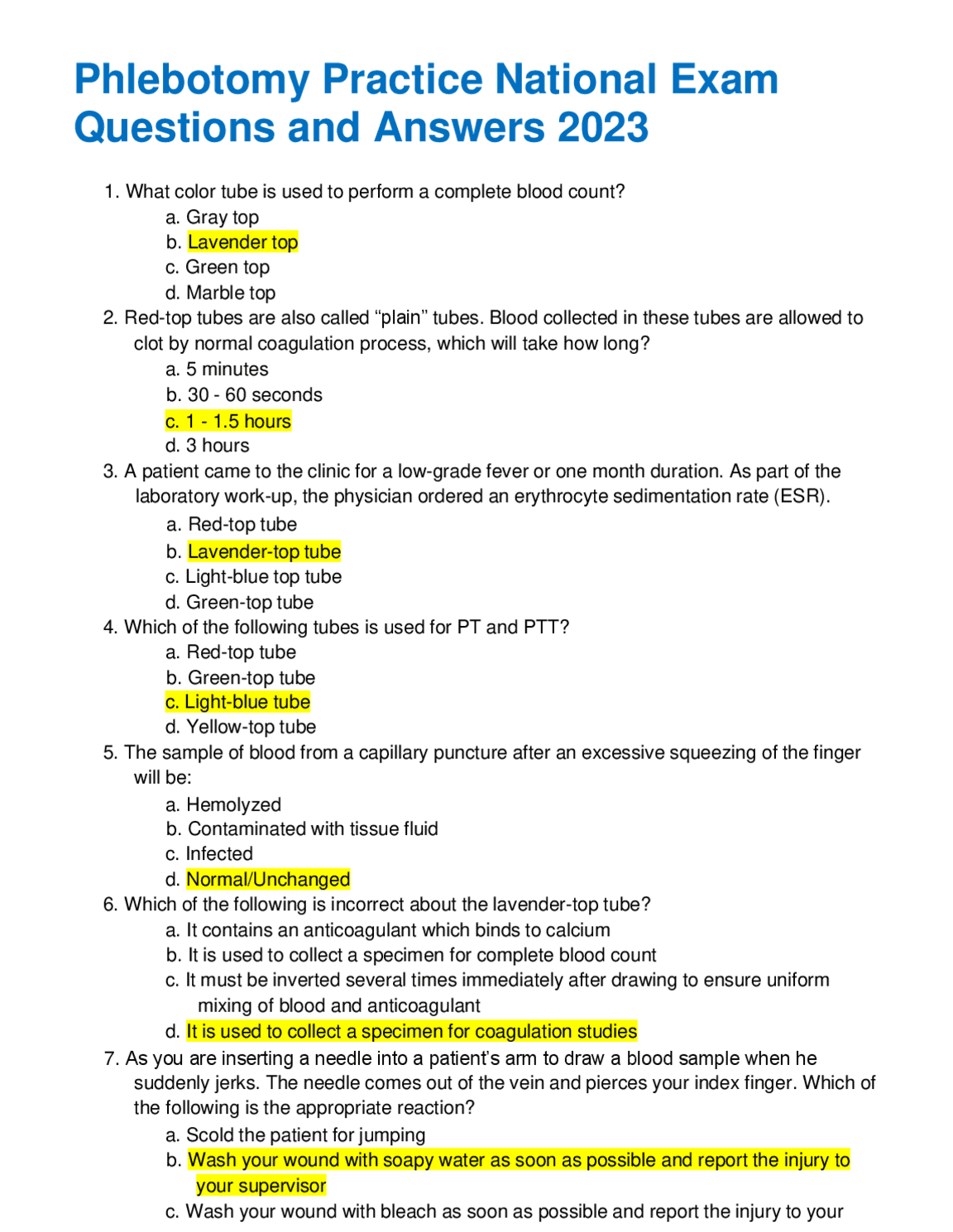 Preguntas y respuestas del examen nacional de práctica de flebotomía 2023 ...